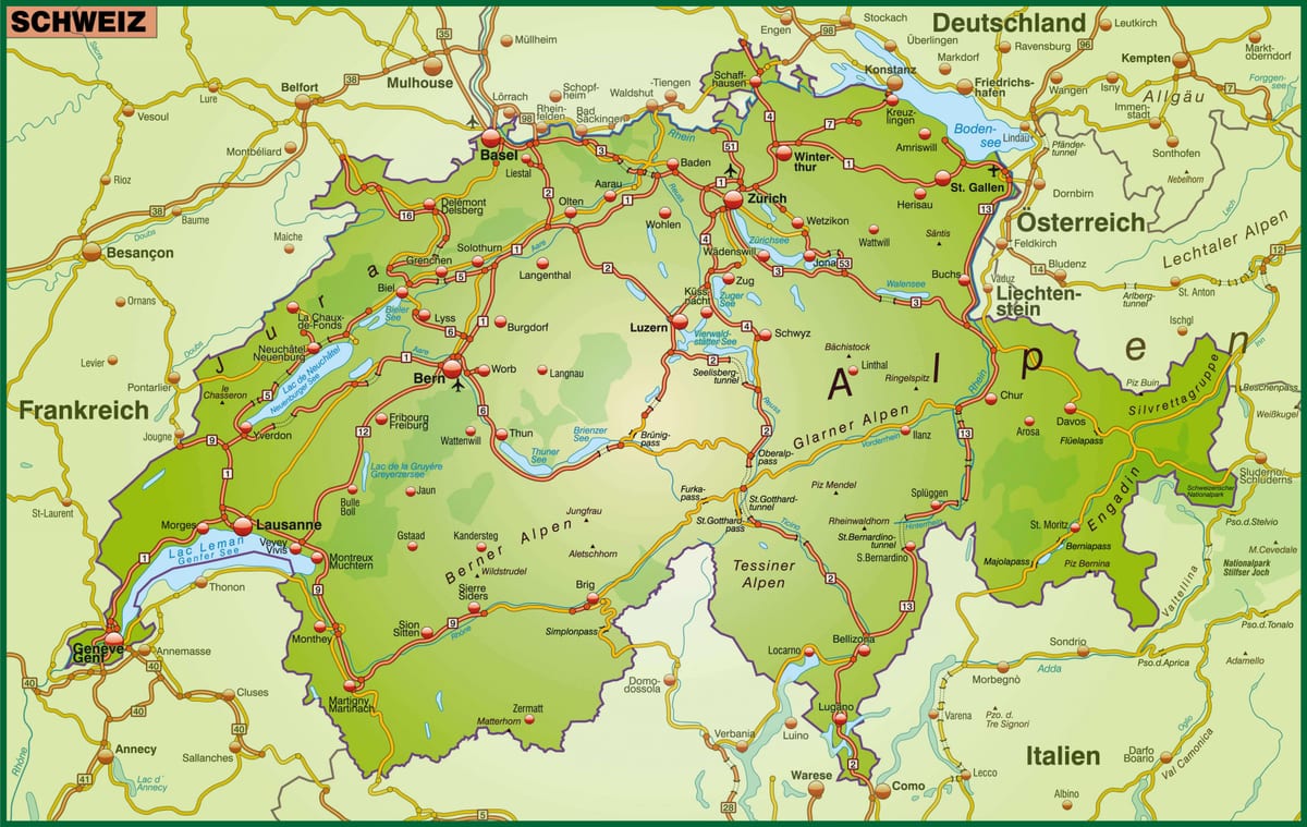 แผนที่ของถนนแผนที่ของ switzerland. kgm สวิตเซอร์แลนด์