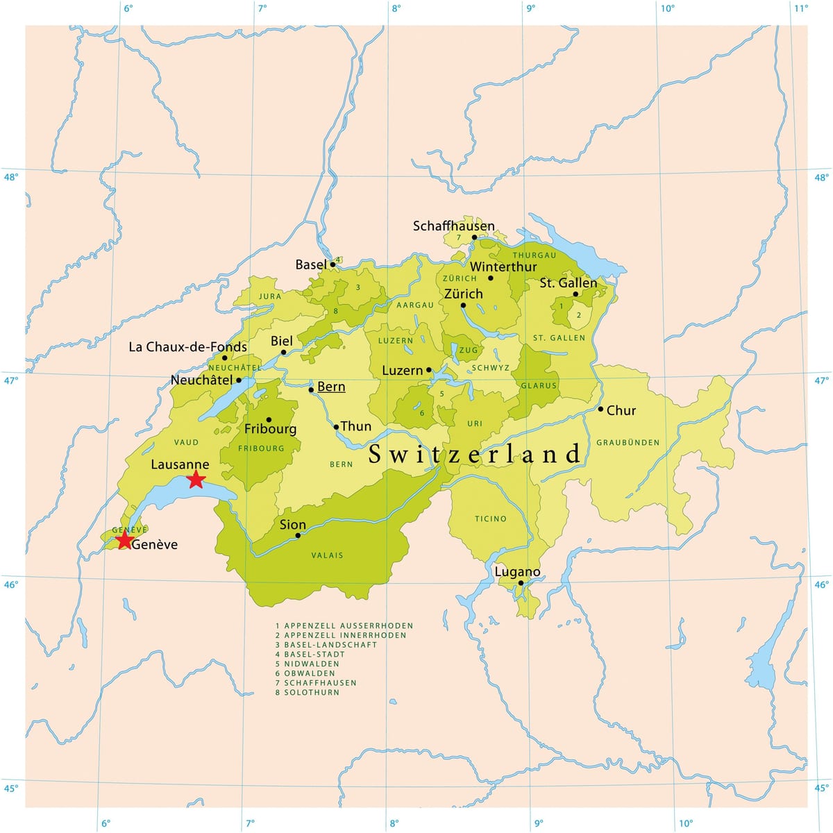 แผนที่ของทะเลสาบริดเจนีวาสวิตเซอร์แลนด์