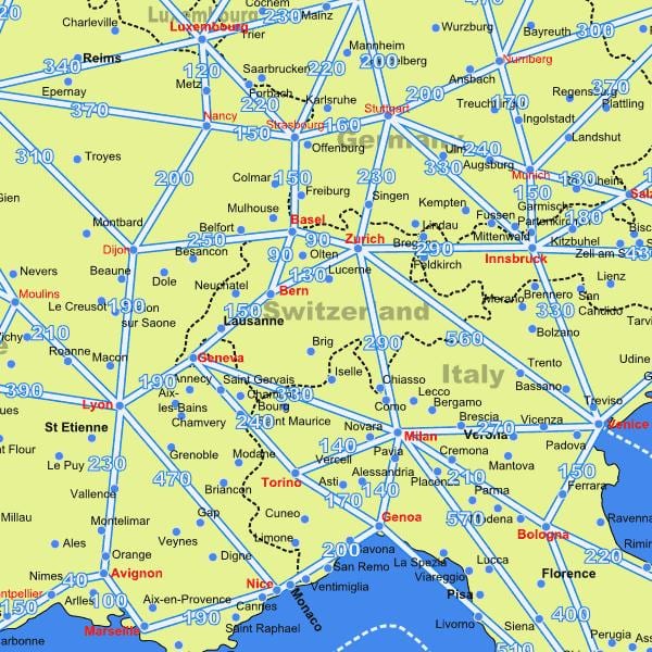 แผนที่ของสวิตเซอร์แลนด์บนแผนที่กับ distances
