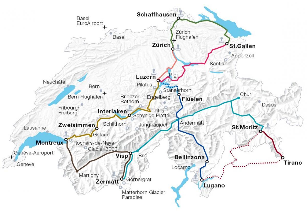 สวิตเซอร์แลนด์รถไฟบนแผนที่เส้นทาง