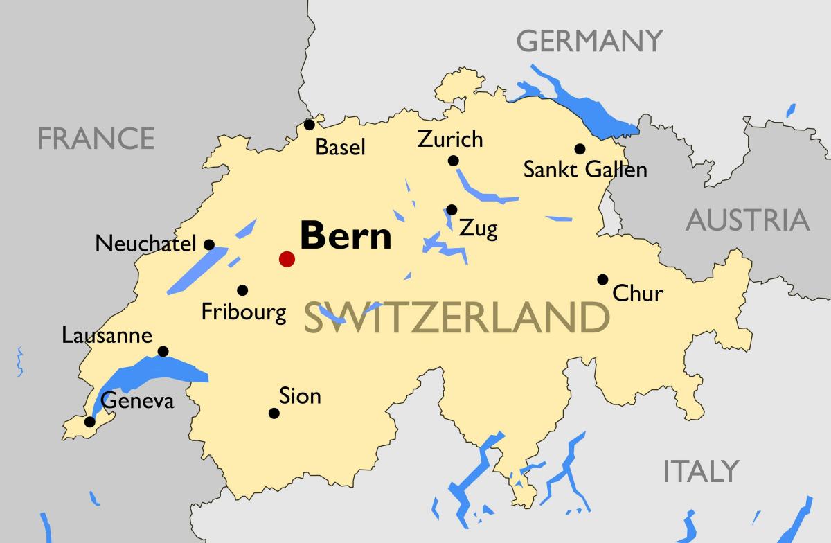 แผนที่ของสวิตเซอร์แลนด์กับเมืองใหญ่